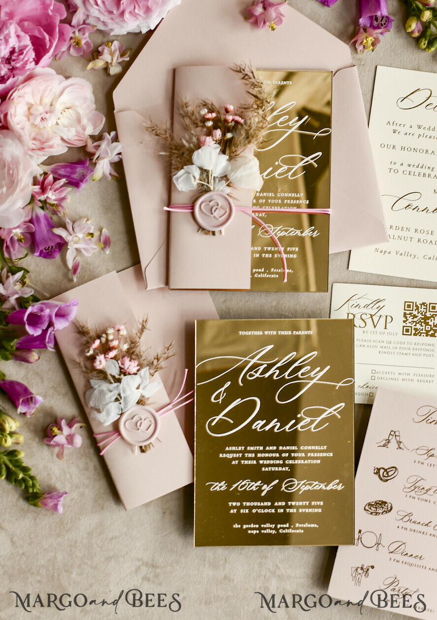 HOCHZEITS EINLADUNGEN Plexiglas Acrylspiegel Gold Spiegel Acryl Hochzeitseinladungen – Luxuriöse Plexiglas Hochzeitseinladung Suite mit Wachssiegel & QR RSVP