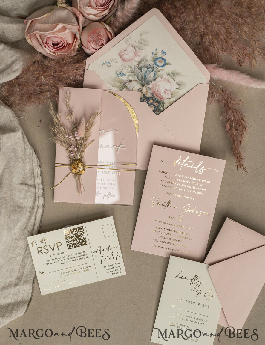 HOCHZEITS EINLADUNGEN Plexiglas Acrylspiegel Blush Pink Klare Bogen Hochzeitskarten, Elegante Gartenhochzeitseinladungen, Nude Acryl transparente Hochzeitseinladungen, Bogen Plexi Hochzeitseinladung Set