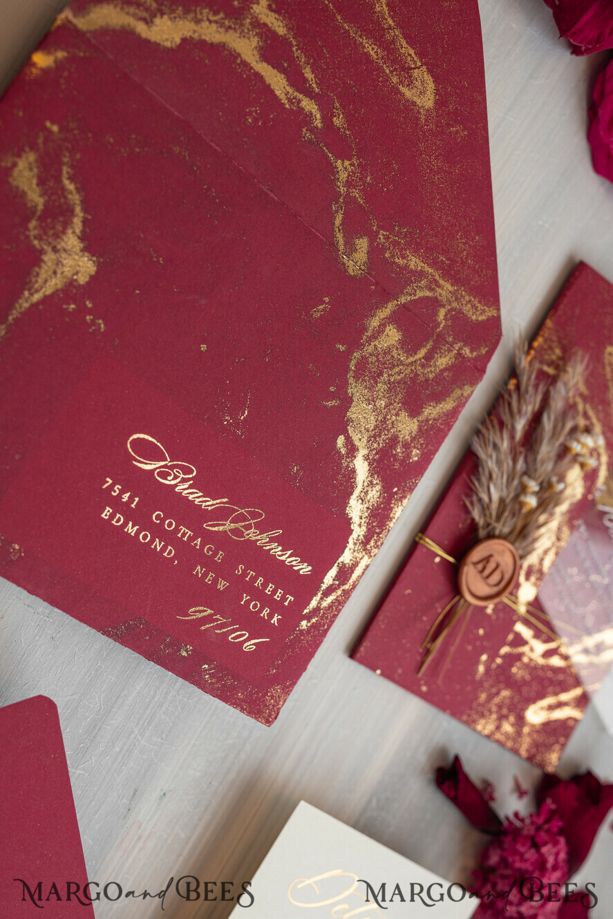 HOCHZEITS EINLADUNGEN Plexiglas Acrylspiegel Burgunder Spiegel goldene Hochzeitseinladungen, elegante Marmor-Hochzeitskarten, kastanienfarbene Acryl-Hochzeitseinladungen, Pampasgras goldene Plexi-Hochzeitseinladung Suite.