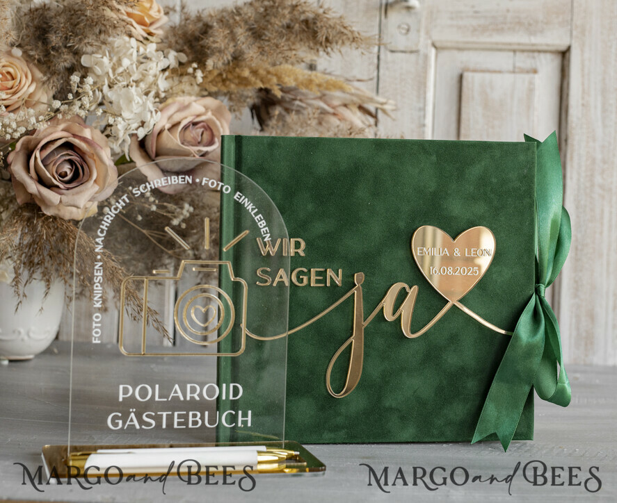 HOCHZEITS-GÄSTEBÜCHER Hochzeitsgästebuch Hochzeitsfoto-Gästebuch Polaroid Gold Acryl Hochzeitsgästebuch mit Fragen Personalisiertes Schilderset Samtweißes Sofort-Fotobuch Boho Elegant Instax Hochzeitsfoto-Gästebuch