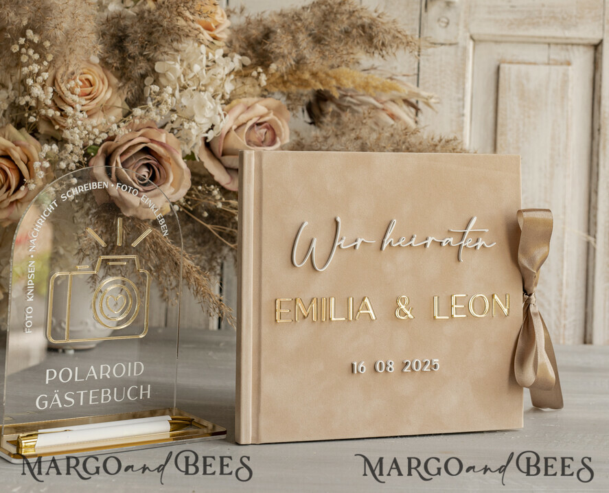 WEDDING GUEST BOOKS Hochzeitsgästebuch Hochzeitsfoto-Gästebuch Polaroid Gold Acrylic Hochzeitsgästebuch Personalisiert Schilderset Samtbeige Sofort-Fotobuch Boho Elegant Instax Hochzeitsfoto-Gästebuch