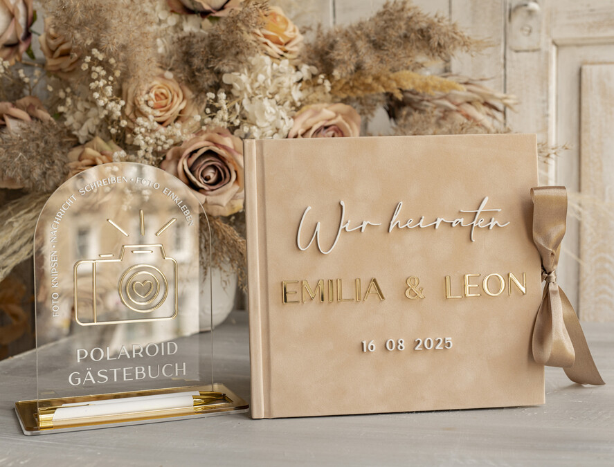 WEDDING GUEST BOOKS Hochzeitsgästebuch Hochzeitsfoto-Gästebuch Polaroid Gold Acrylic Hochzeitsgästebuch Personalisiert Schilderset Samtbeige Sofort-Fotobuch Boho Elegant Instax Hochzeitsfoto-Gästebuch