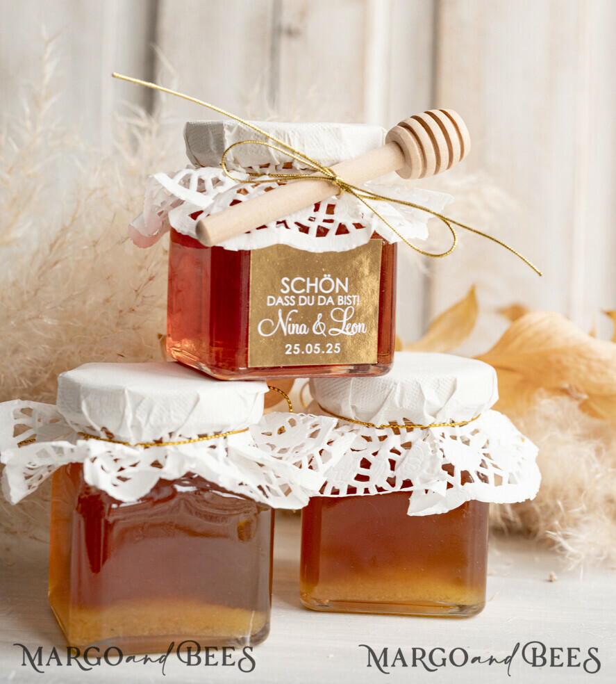 HOCHZEITSGESCHENKE Gastgeschenke Hochzeit Personalisierte Gastgeschenkgläser mit Blütenhonig, Gastgeschenke Hochzeit Honig, Honiggeschenkglas mit Honig, handgemachte Gastgeschenke zur Hochzeit.