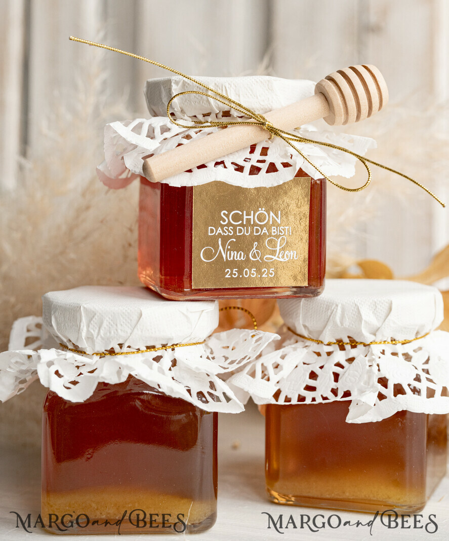 HOCHZEITSGESCHENKE Gastgeschenke Hochzeit Personalisierte Gastgeschenkgläser mit Blütenhonig, Gastgeschenke Hochzeit Honig, Honiggeschenkglas mit Honig, handgemachte Gastgeschenke zur Hochzeit.