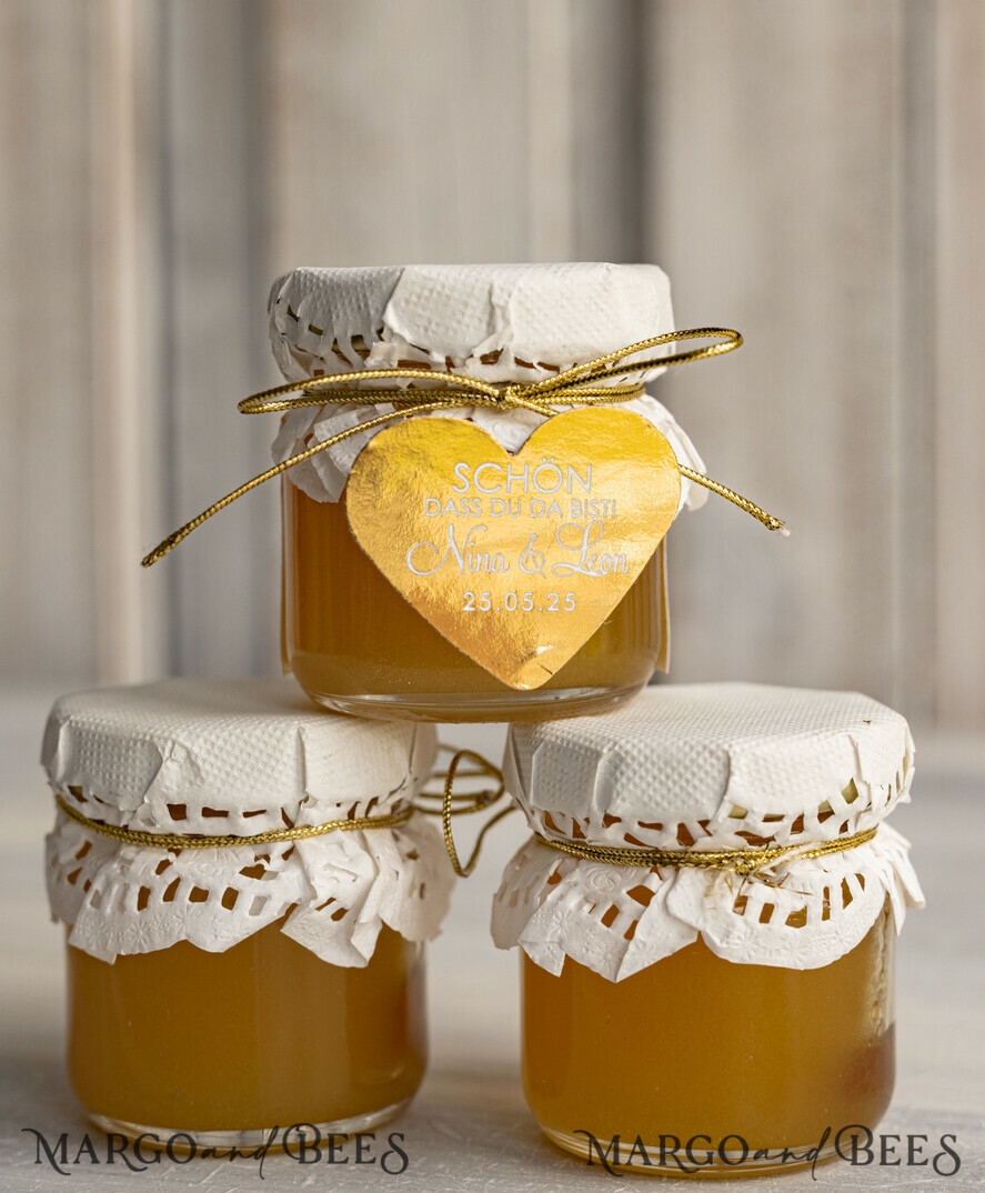 HOCHZEITSGESCHENKE Gastgeschenke Hochzeit Kleine personalisierte Gastgeschenkgläser mit Blütenhonig, Gastgeschenke Hochzeit Honig, Honiggeschenkglas mit Honig, handgemachte Gastgeschenke zur Hochzeit.