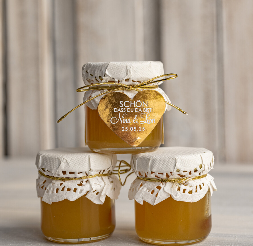 HOCHZEITSGESCHENKE Gastgeschenke Hochzeit Kleine personalisierte Gastgeschenkgläser mit Blütenhonig, Gastgeschenke Hochzeit Honig, Honiggeschenkglas mit Honig, handgemachte Gastgeschenke zur Hochzeit.