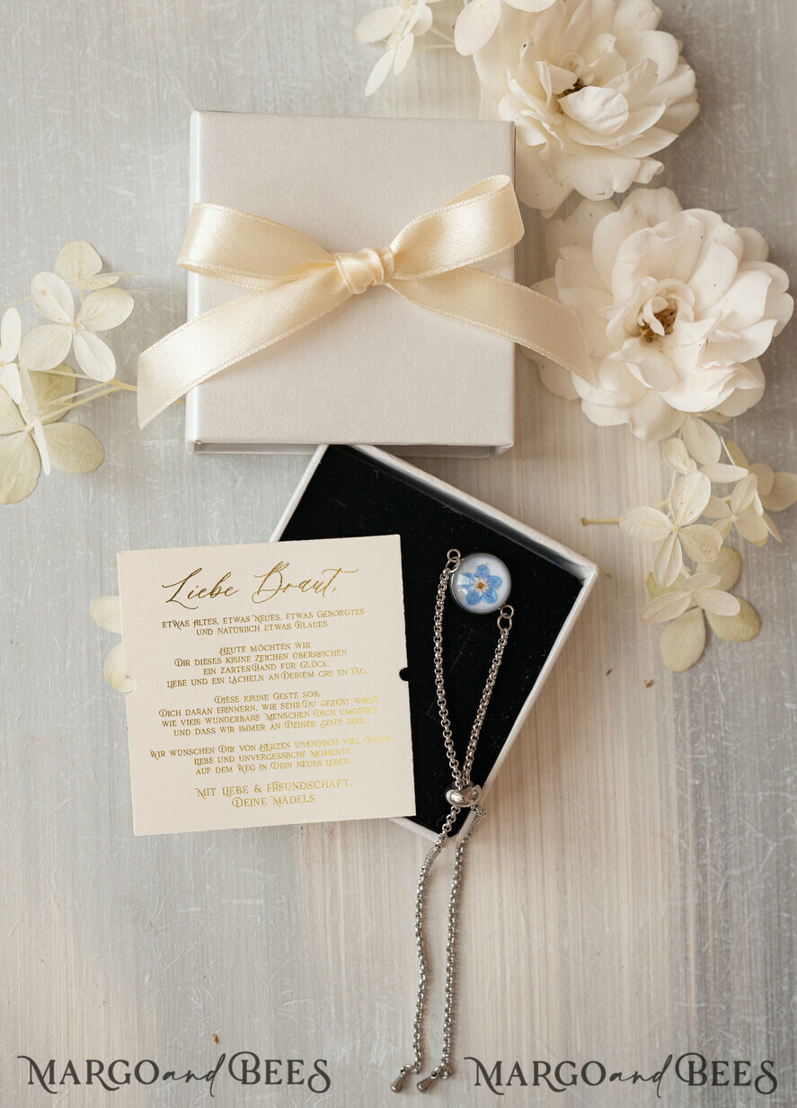 BRIDESMAID/BEST MAN BOX Trauzeuge Fragen Geschenkbox Ein Geschenk für die Braut – Ein Armband mit einer Vergissmeinnicht-Blume in einer Geschenkbox mit Widmung