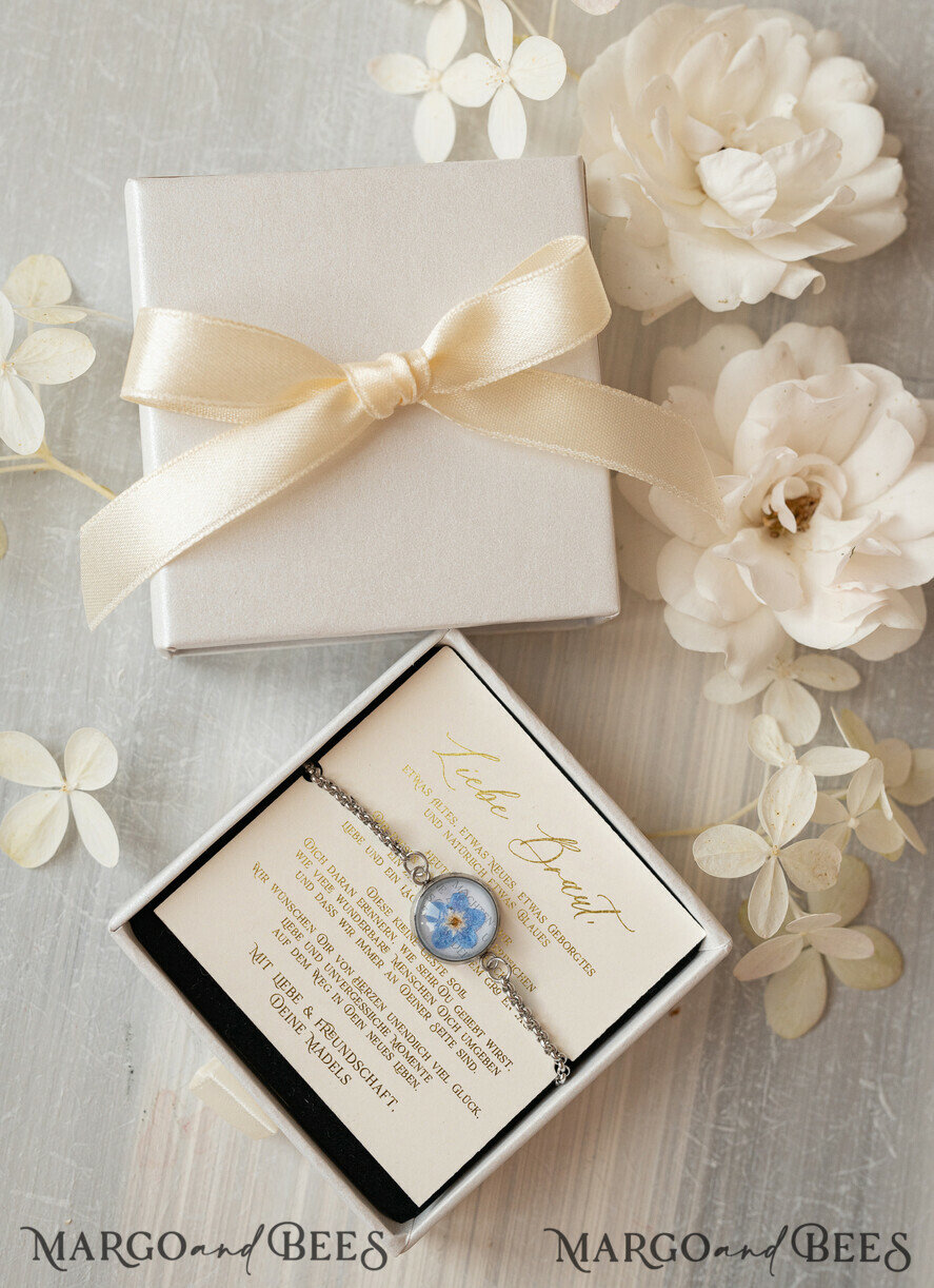 BRIDESMAID/BEST MAN BOX Trauzeuge Fragen Geschenkbox Ein Geschenk für die Braut – Ein Armband mit einer Vergissmeinnicht-Blume in einer Geschenkbox mit Widmung