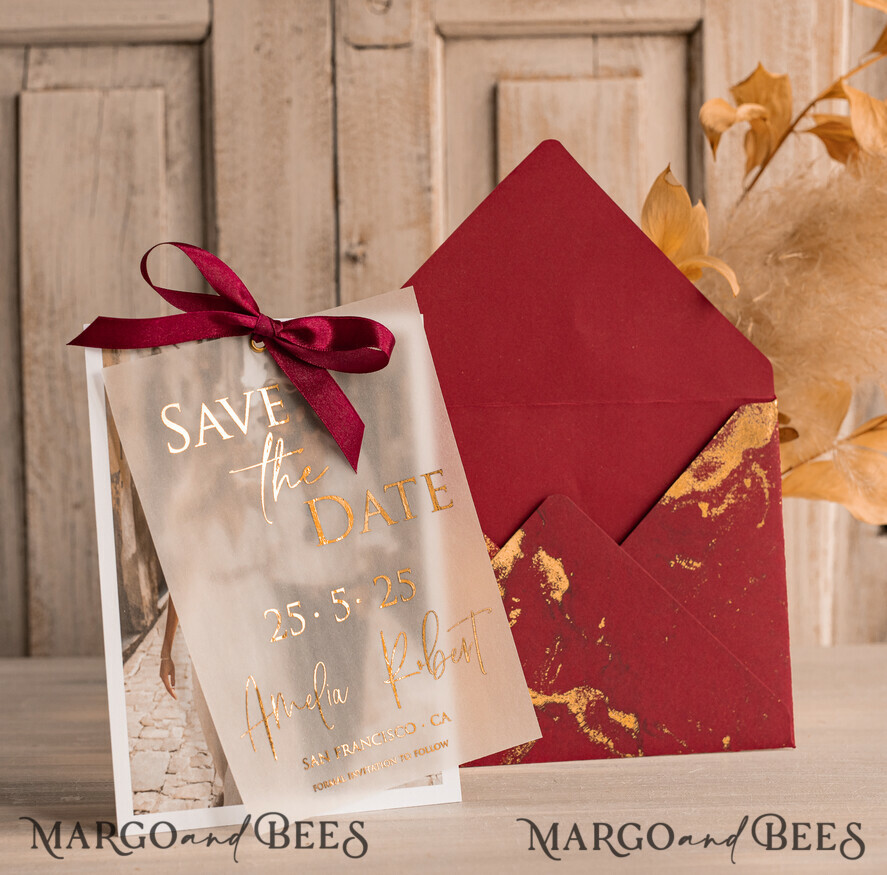 SAVE THE DATES photo vellum plexi  Maroon Gold Marble Save the Date Cards with Photo, Burgundy Vellum Save Our Dates with Photo Gold Foil Calendar Cards 