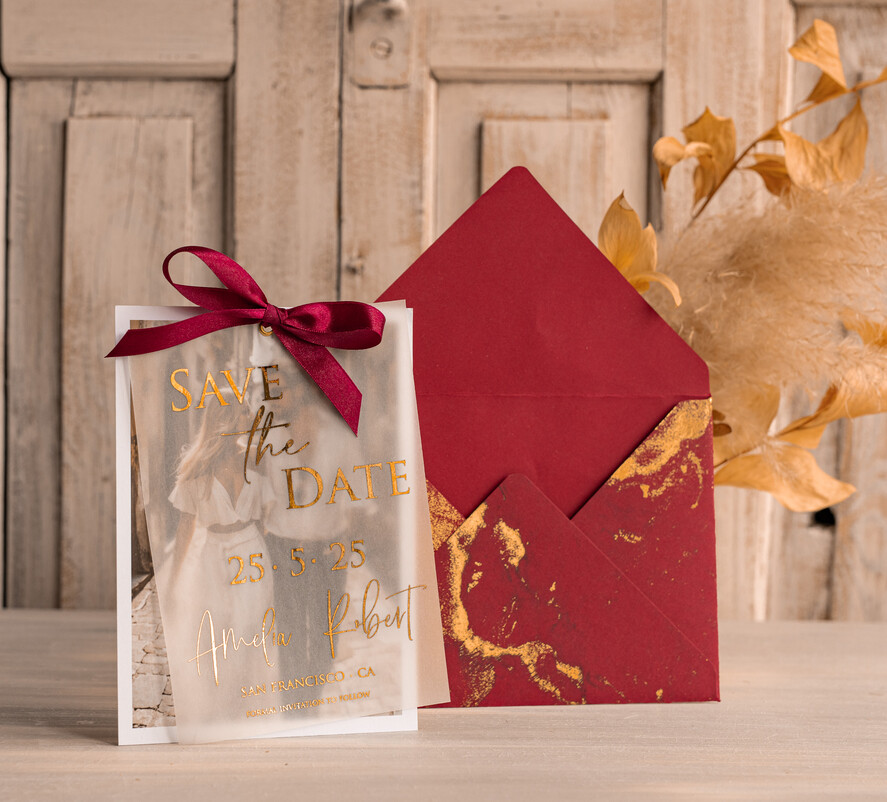 SAVE THE DATES photo vellum plexi  Maroon Gold Marble Save the Date Cards with Photo, Burgundy Vellum Save Our Dates with Photo Gold Foil Calendar Cards 