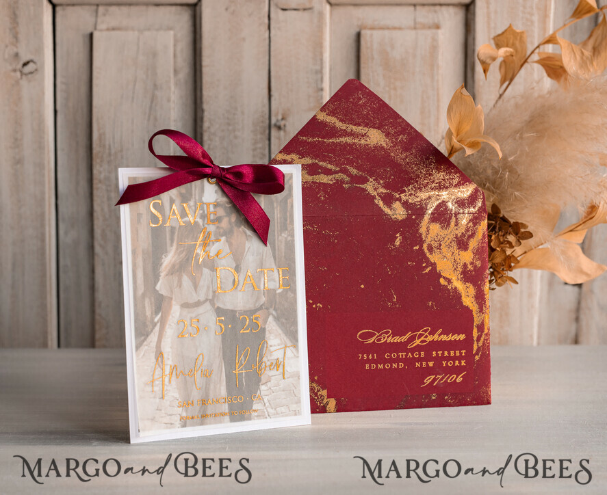SAVE THE DATES photo vellum plexi  Maroon Gold Marble Save the Date Cards with Photo, Burgundy Vellum Save Our Dates with Photo Gold Foil Calendar Cards 