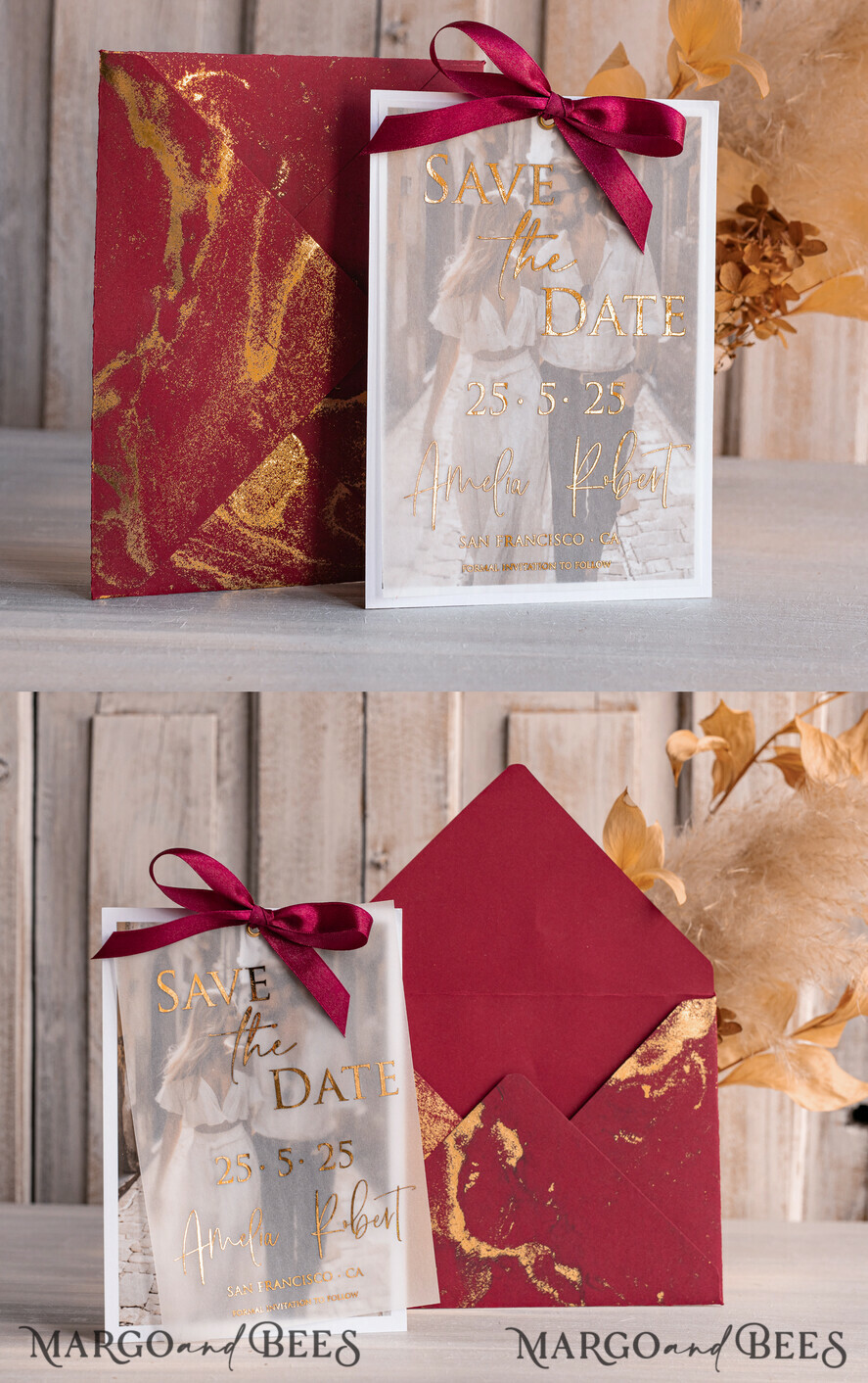 SAVE THE DATES photo vellum plexi  Maroon Gold Marble Save the Date Cards with Photo, Burgundy Vellum Save Our Dates with Photo Gold Foil Calendar Cards 