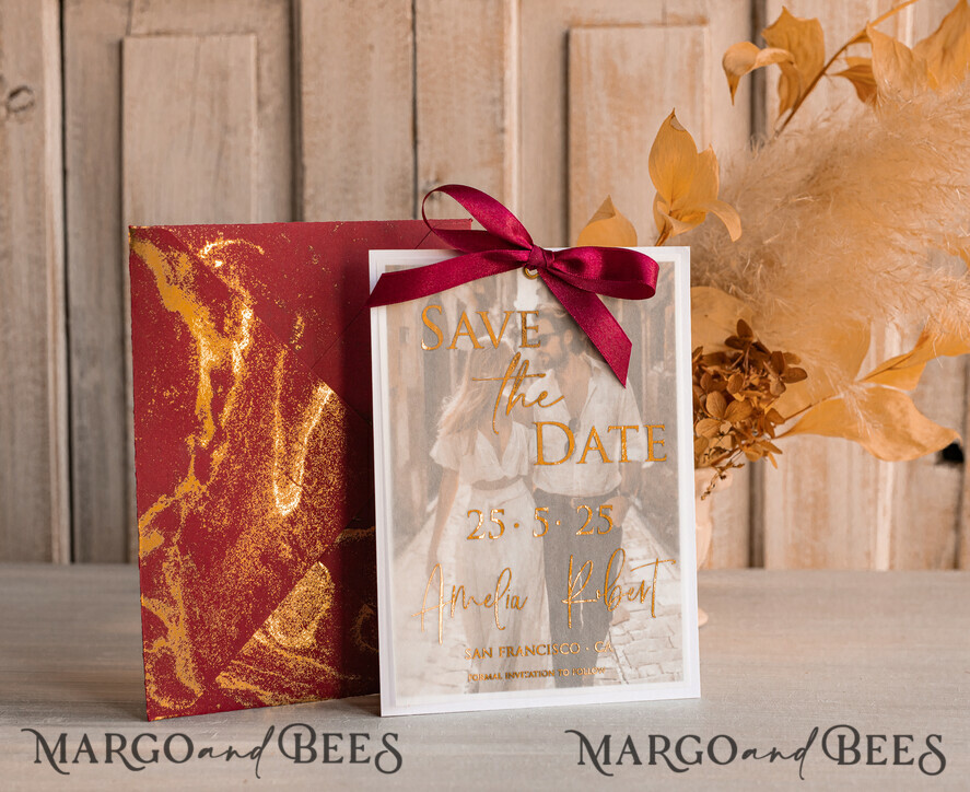 SAVE THE DATES photo vellum plexi  Maroon Gold Marble Save the Date Cards with Photo, Burgundy Vellum Save Our Dates with Photo Gold Foil Calendar Cards 