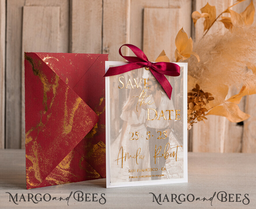 SAVE THE DATES photo vellum plexi  Maroon Gold Marble Save the Date Cards with Photo, Burgundy Vellum Save Our Dates with Photo Gold Foil Calendar Cards 