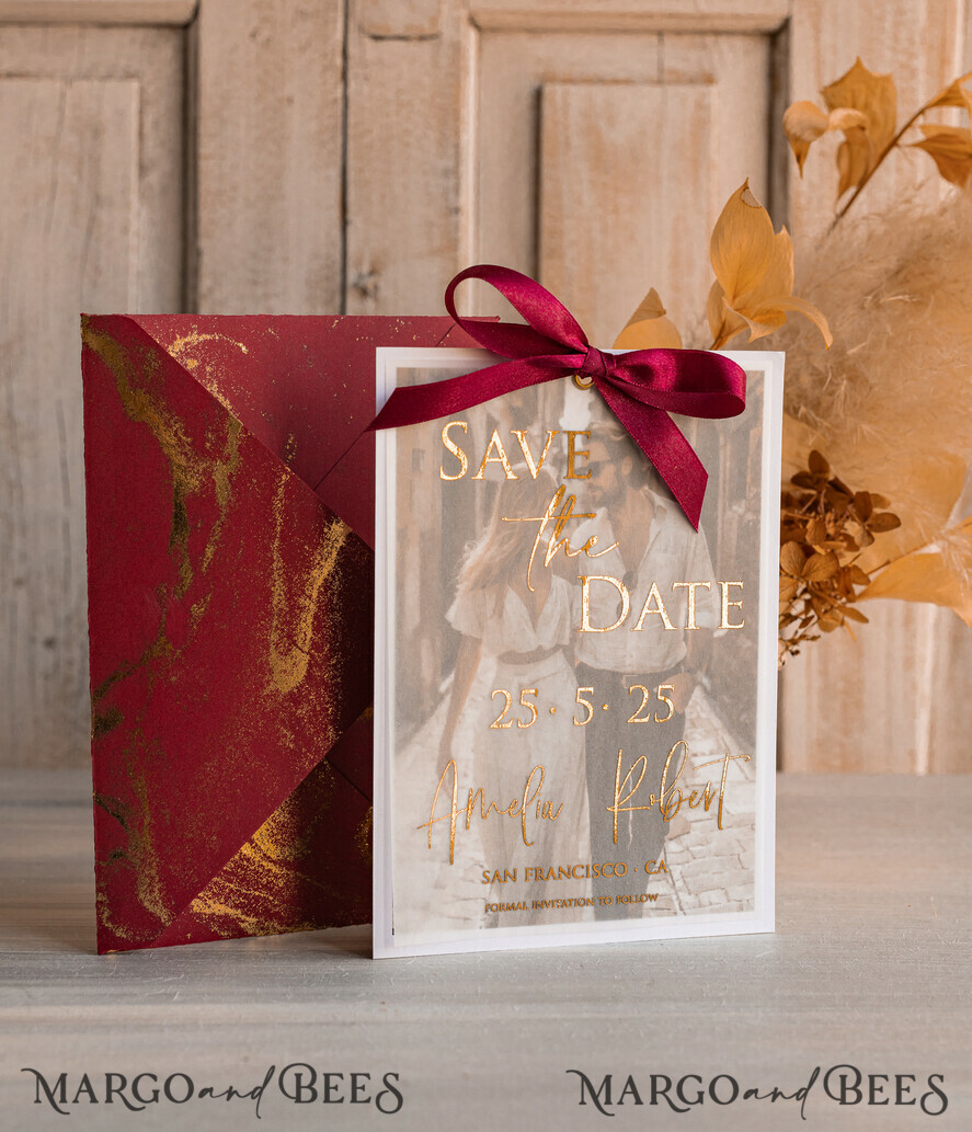 SAVE THE DATES photo vellum plexi  Maroon Gold Marble Save the Date Cards with Photo, Burgundy Vellum Save Our Dates with Photo Gold Foil Calendar Cards 