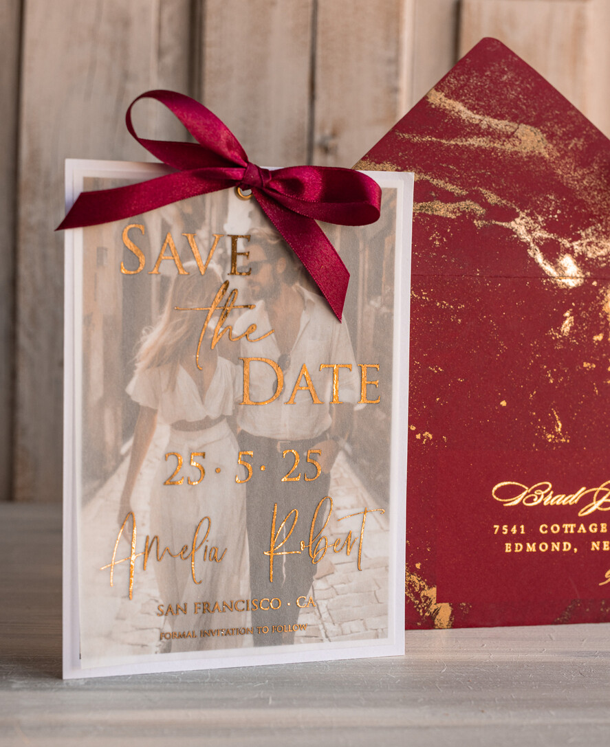 SAVE THE DATES photo vellum plexi  Maroon Gold Marble Save the Date Cards with Photo, Burgundy Vellum Save Our Dates with Photo Gold Foil Calendar Cards 