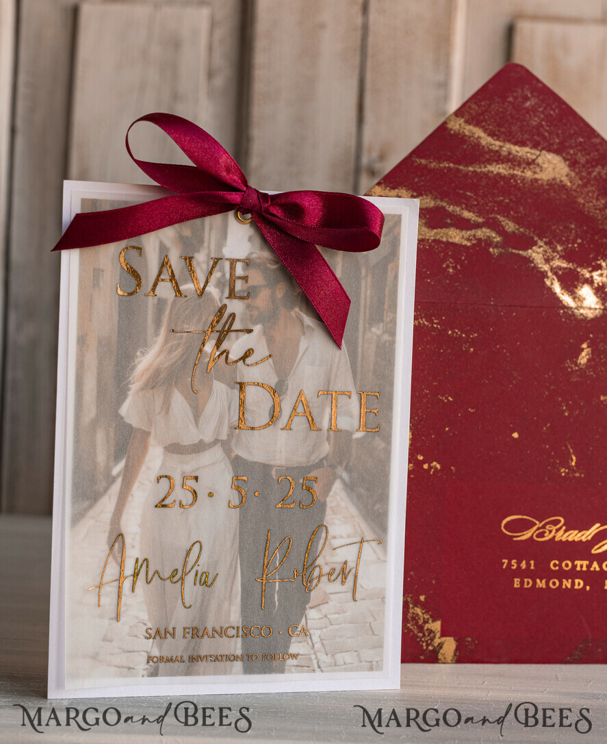 SAVE THE DATES photo vellum plexi  Maroon Gold Marble Save the Date Cards with Photo, Burgundy Vellum Save Our Dates with Photo Gold Foil Calendar Cards 