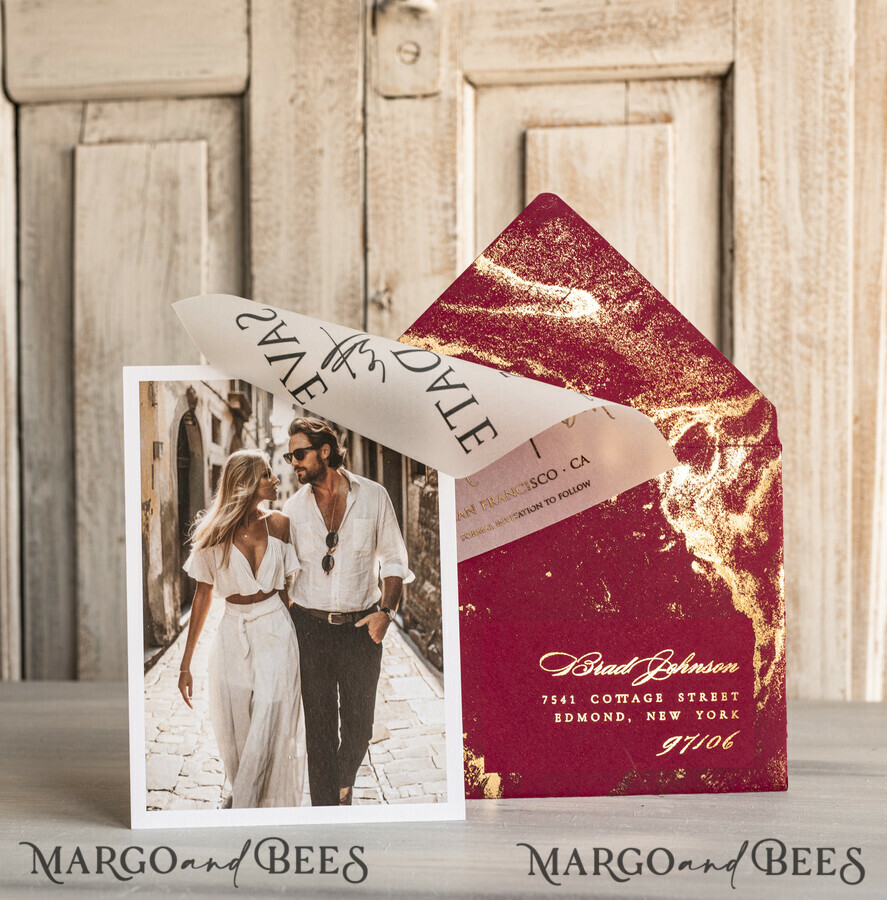 SAVE THE DATES photo vellum plexi  Maroon Gold Marble Save the Date Cards with Photo, Burgundy Vellum Save Our Dates with Photo Gold Foil Calendar Cards 