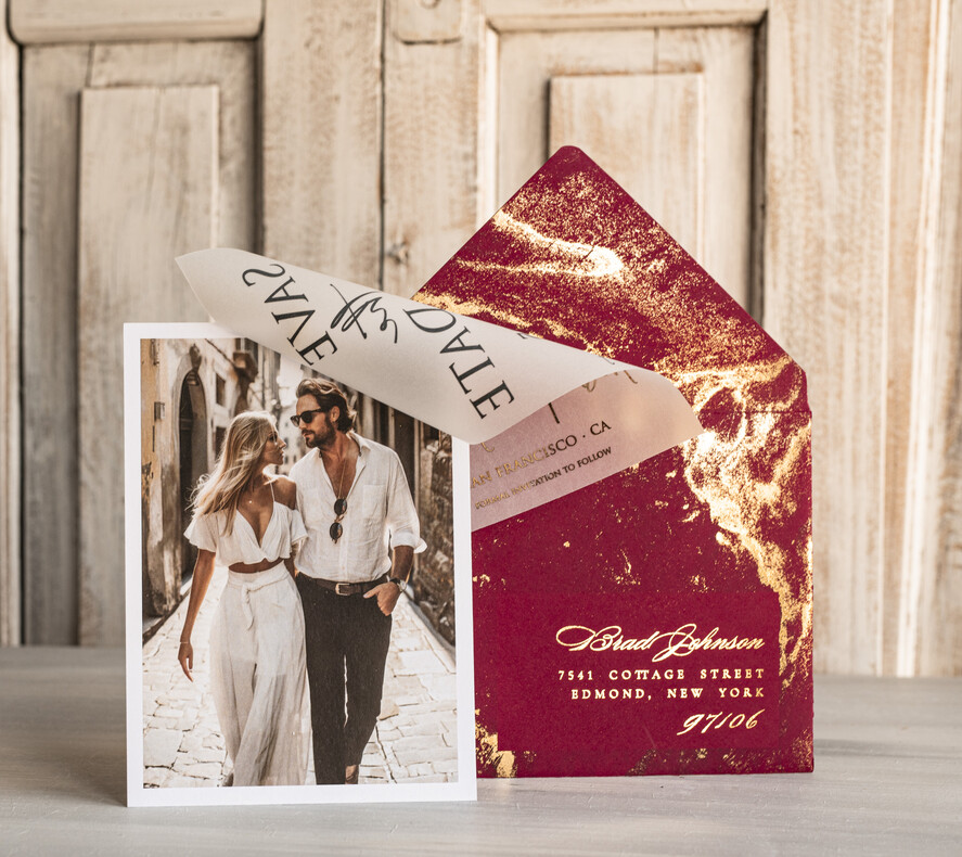 SAVE THE DATES photo vellum plexi  Maroon Gold Marble Save the Date Cards with Photo, Burgundy Vellum Save Our Dates with Photo Gold Foil Calendar Cards 