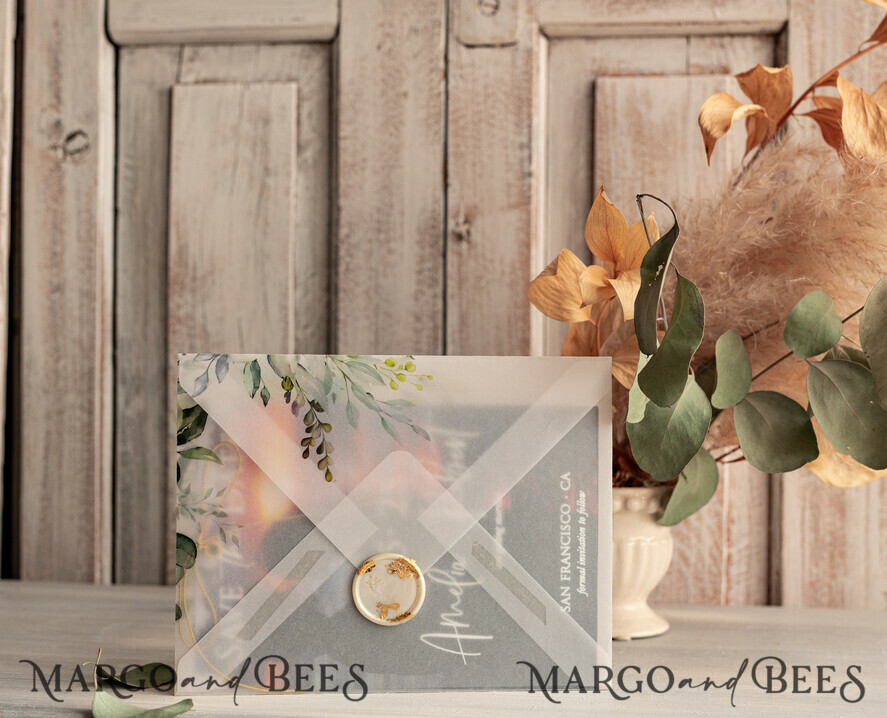 SAVE THE DATES photo vellum plexi  Callendar Clear Sage green  Gold Save the Date Cards with Photo, Plexi Clear Save Our Dates with Photo 