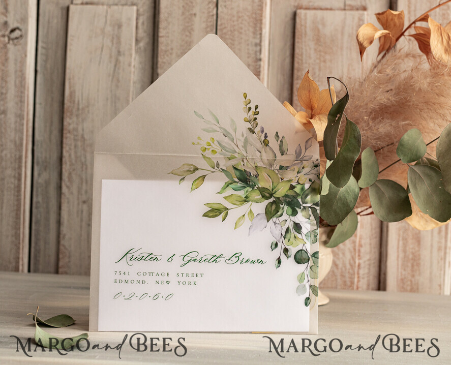SAVE THE DATES photo vellum plexi  Callendar Clear Sage green  Gold Save the Date Cards with Photo, Plexi Clear Save Our Dates with Photo 