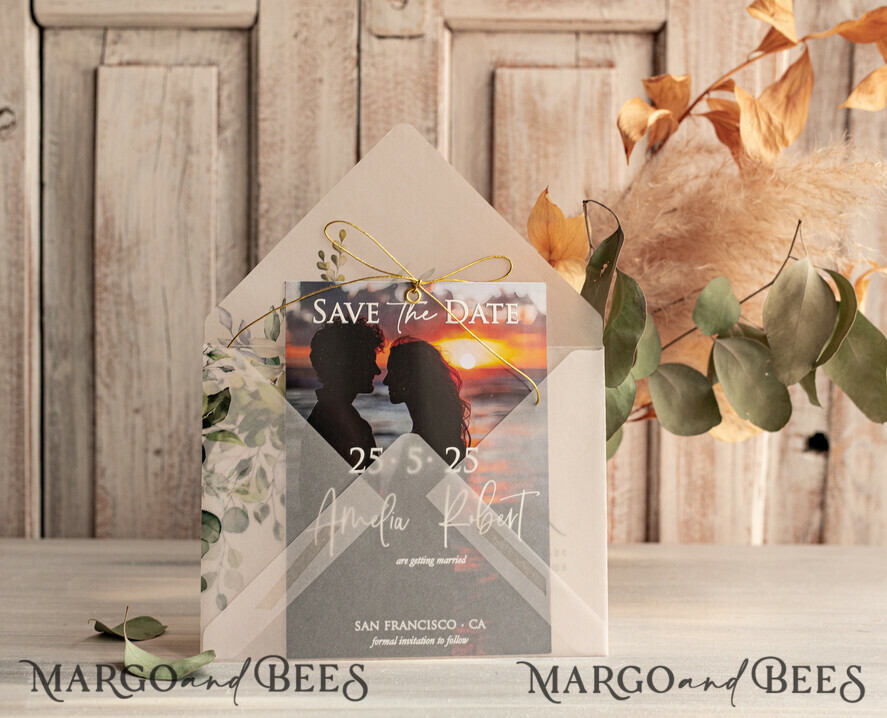 SAVE THE DATES photo vellum plexi  Callendar Clear Sage green  Gold Save the Date Cards with Photo, Plexi Clear Save Our Dates with Photo 