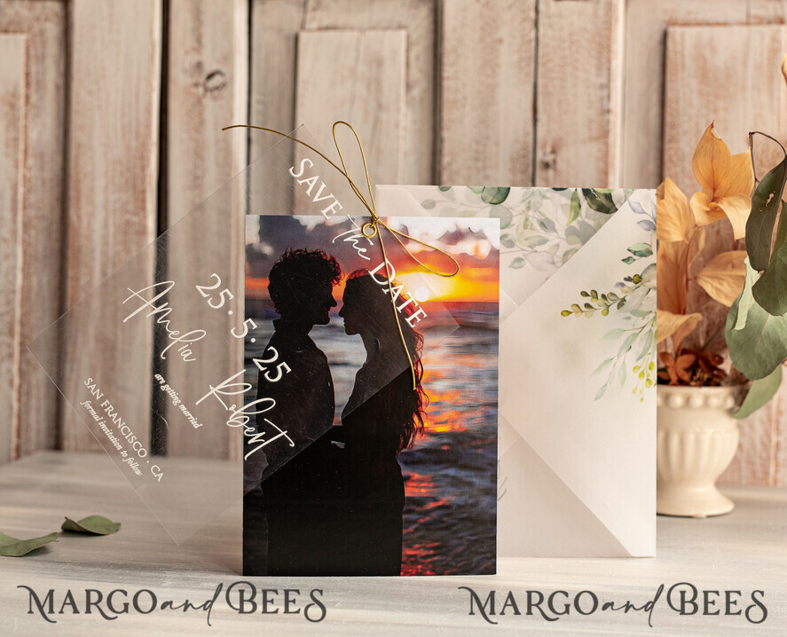 SAVE THE DATES photo vellum plexi  Callendar Clear Sage green  Gold Save the Date Cards with Photo, Plexi Clear Save Our Dates with Photo 