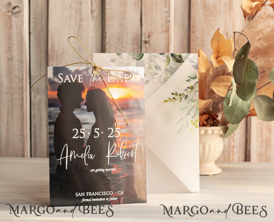 SAVE THE DATES photo vellum plexi  Callendar Clear Sage green  Gold Save the Date Cards with Photo, Plexi Clear Save Our Dates with Photo 