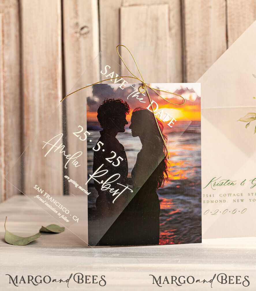 SAVE THE DATES photo vellum plexi  Callendar Clear Sage green  Gold Save the Date Cards with Photo, Plexi Clear Save Our Dates with Photo 