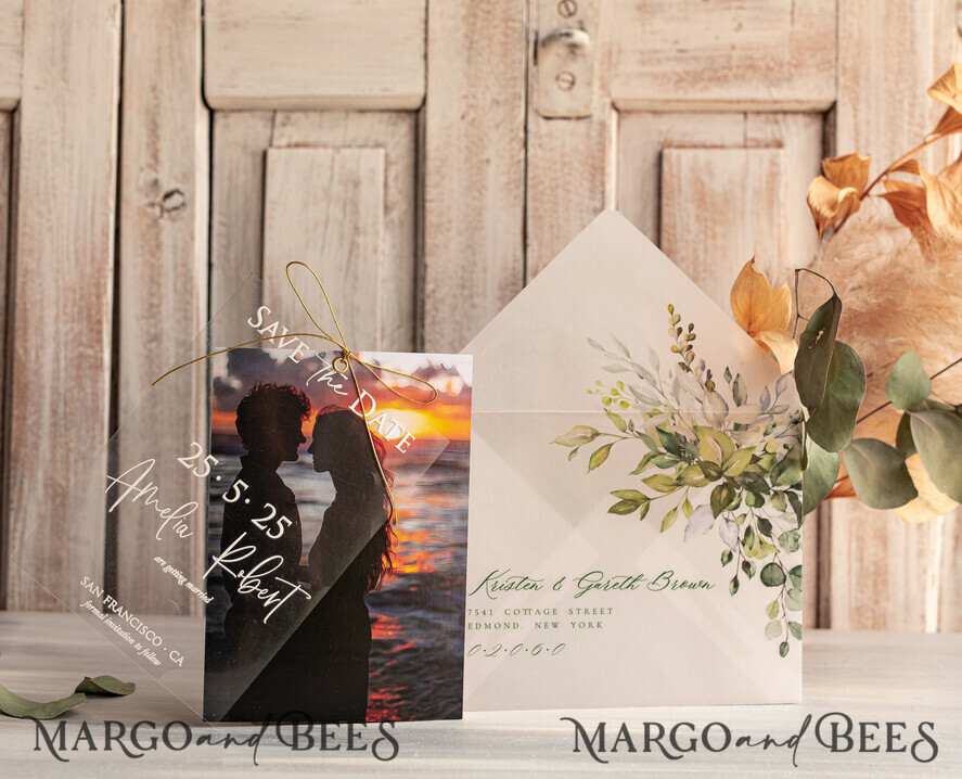 SAVE THE DATES photo vellum plexi  Callendar Clear Sage green  Gold Save the Date Cards with Photo, Plexi Clear Save Our Dates with Photo 