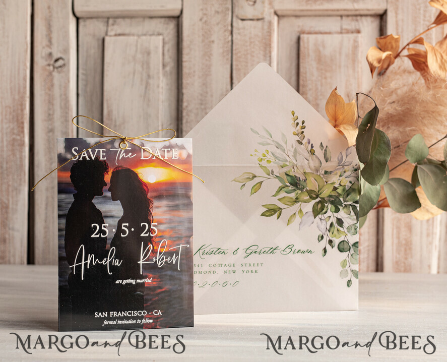 SAVE THE DATES photo vellum plexi  Callendar Clear Sage green  Gold Save the Date Cards with Photo, Plexi Clear Save Our Dates with Photo 