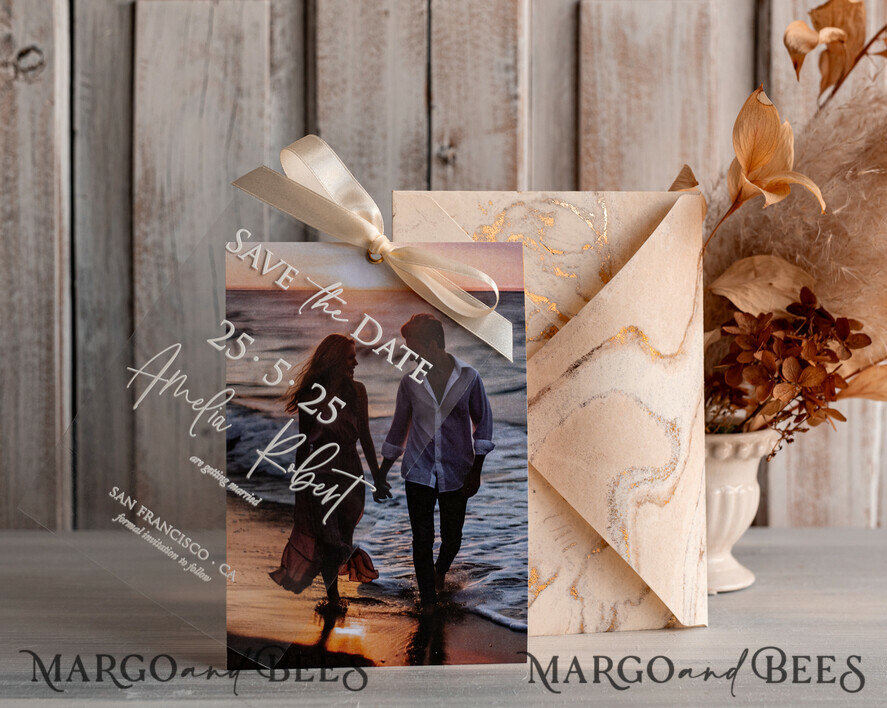 SAVE THE DATES photo vellum plexi  Callendar Clear Ivory Marble Gold Save the Date Cards with Photo, Plexi Clear Save Our Dates with Photo 