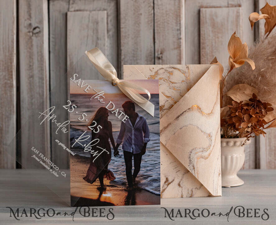 SAVE THE DATES photo vellum plexi  Callendar Clear Ivory Marble Gold Save the Date Cards with Photo, Plexi Clear Save Our Dates with Photo 