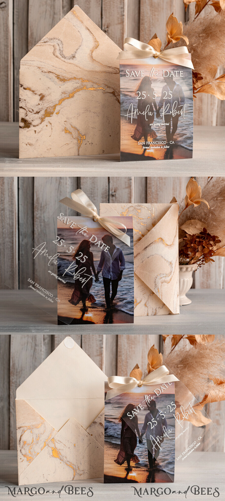 SAVE THE DATES photo vellum plexi  Callendar Clear Ivory Marble Gold Save the Date Cards with Photo, Plexi Clear Save Our Dates with Photo 