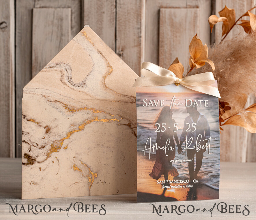 SAVE THE DATES photo vellum plexi  Callendar Clear Ivory Marble Gold Save the Date Cards with Photo, Plexi Clear Save Our Dates with Photo 