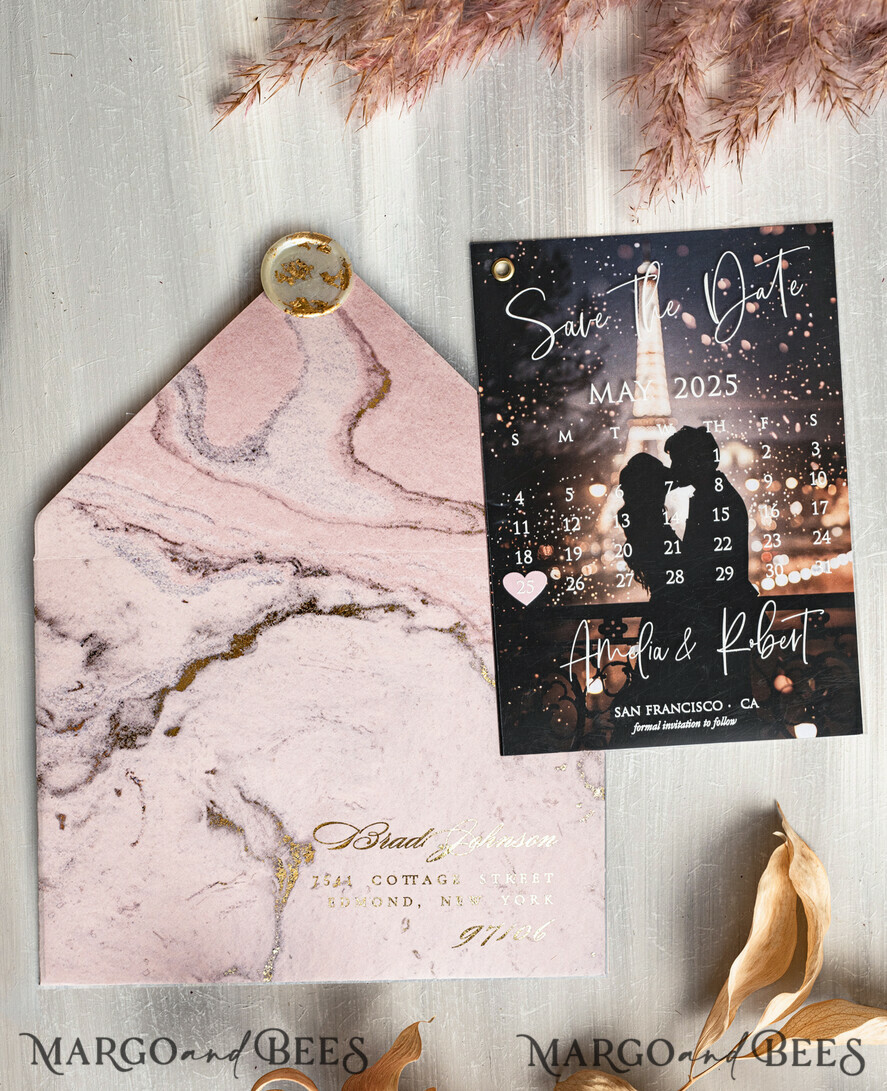SAVE THE DATES photo vellum plexi  Blush Pink Marble Gold Save the Date Cards with Photo, Plexi Clear Save Our Dates with Photo 
