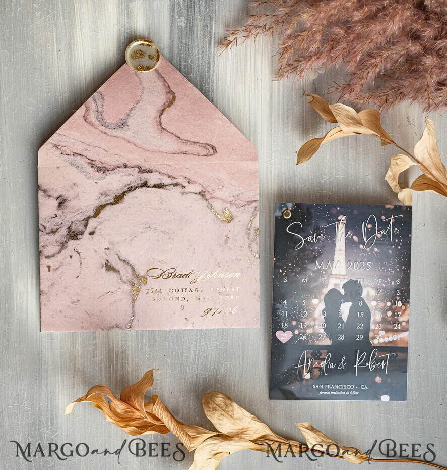SAVE THE DATES photo vellum plexi  Blush Pink Marble Gold Save the Date Cards with Photo, Plexi Clear Save Our Dates with Photo 