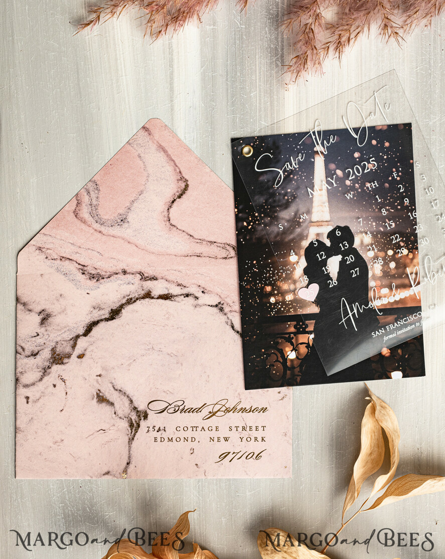 SAVE THE DATES photo vellum plexi  Blush Pink Marble Gold Save the Date Cards with Photo, Plexi Clear Save Our Dates with Photo 