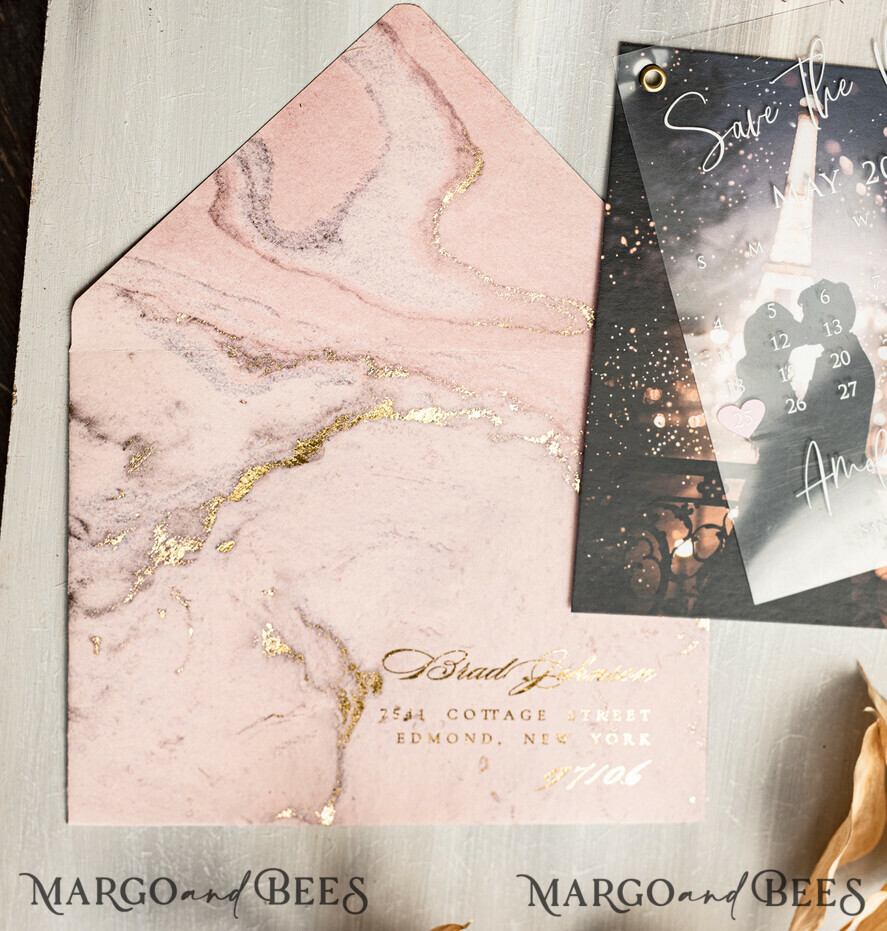 SAVE THE DATES photo vellum plexi  Blush Pink Marble Gold Save the Date Cards with Photo, Plexi Clear Save Our Dates with Photo 