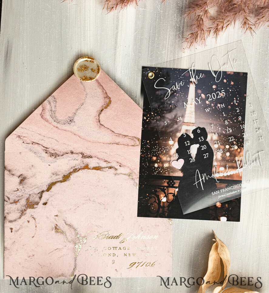 SAVE THE DATES photo vellum plexi  Blush Pink Marble Gold Save the Date Cards with Photo, Plexi Clear Save Our Dates with Photo 