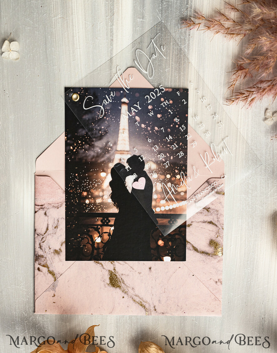 SAVE THE DATES photo vellum plexi  Blush Pink Marble Gold Save the Date Cards with Photo, Plexi Clear Save Our Dates with Photo 