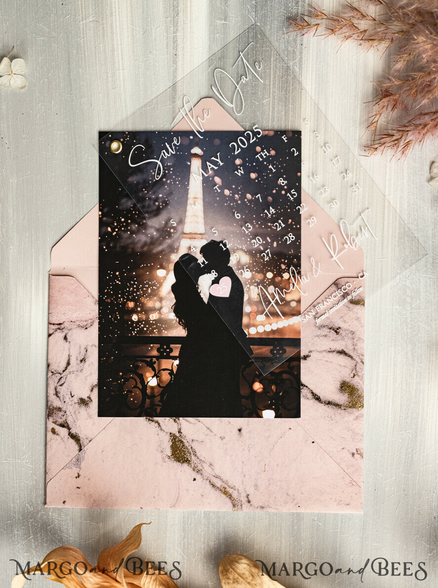 SAVE THE DATES photo vellum plexi  Blush Pink Marble Gold Save the Date Cards with Photo, Plexi Clear Save Our Dates with Photo 