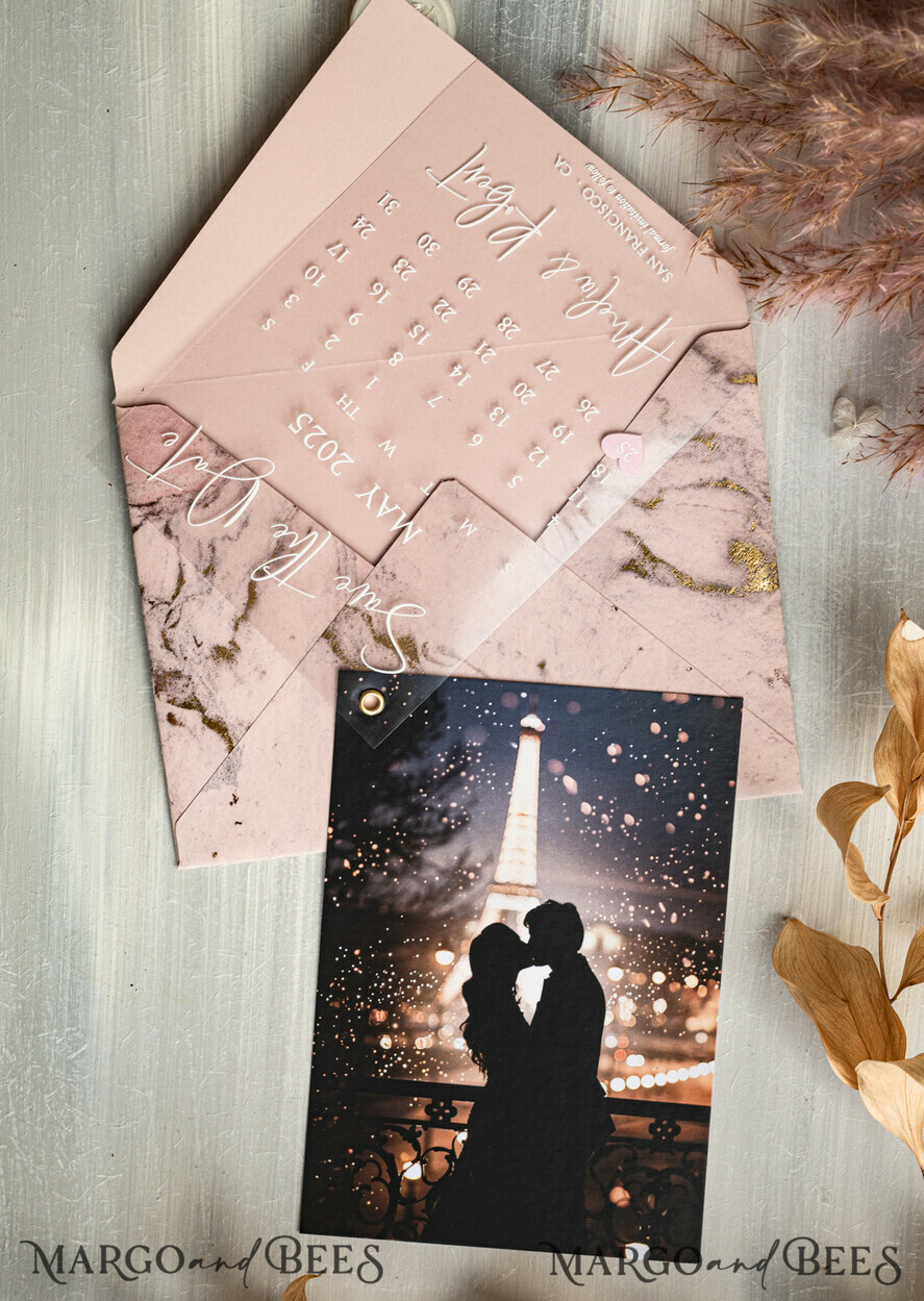 SAVE THE DATES photo vellum plexi  Blush Pink Marble Gold Save the Date Cards with Photo, Plexi Clear Save Our Dates with Photo 