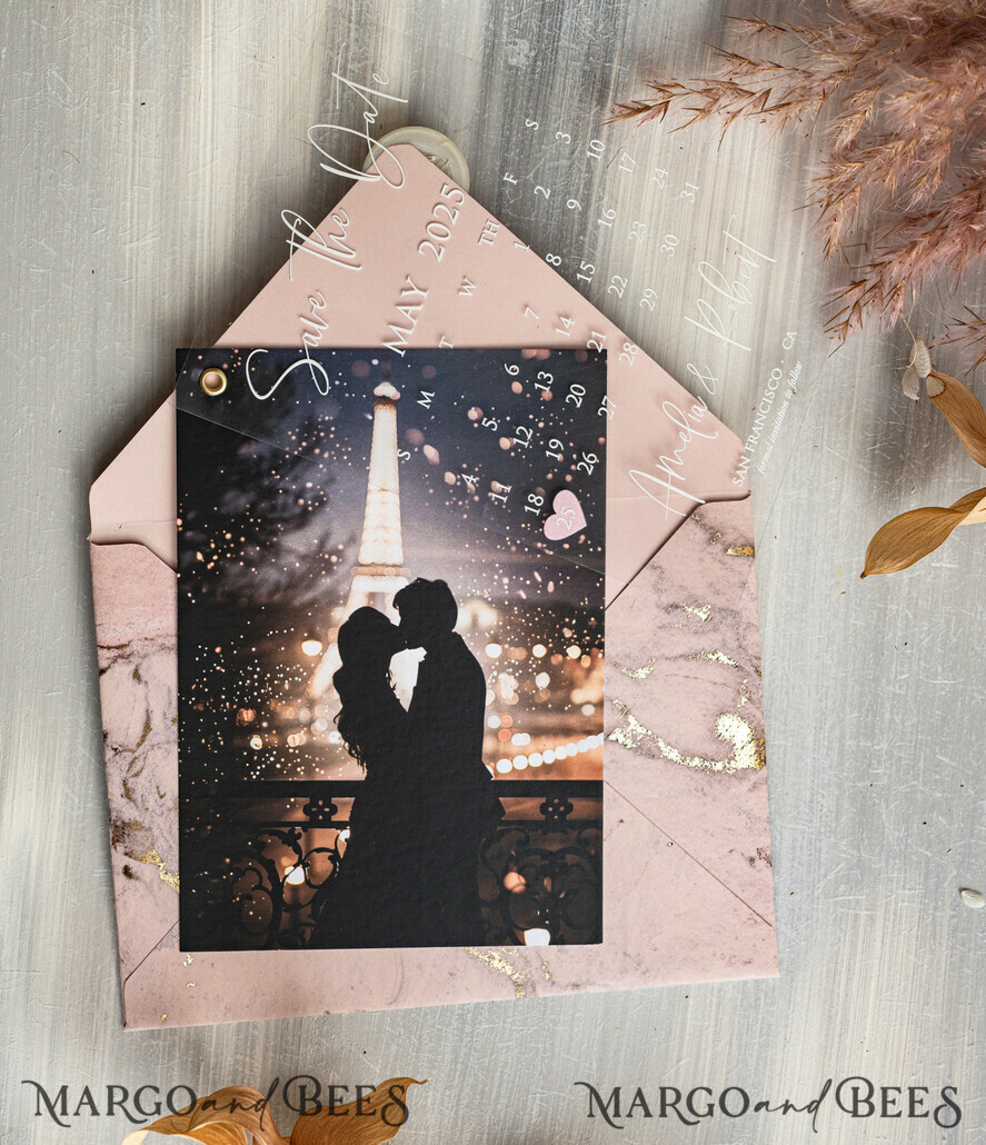 SAVE THE DATES photo vellum plexi  Blush Pink Marble Gold Save the Date Cards with Photo, Plexi Clear Save Our Dates with Photo 