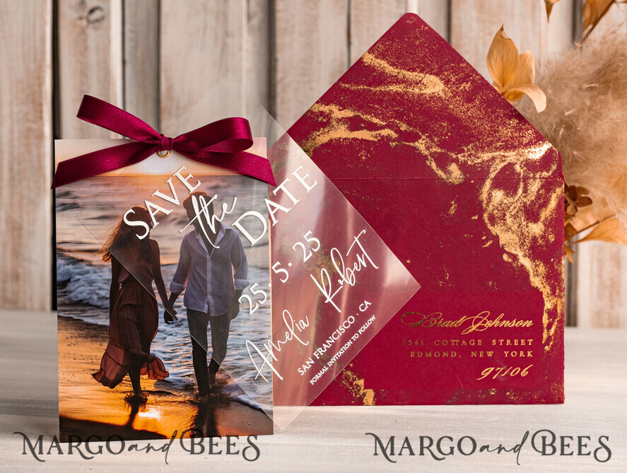 SAVE THE DATES photo vellum plexi  Callendar Clear Blush Pink Marble Gold Save the Date Cards with Photo, Plexi Clear Save Our Dates with Photo 