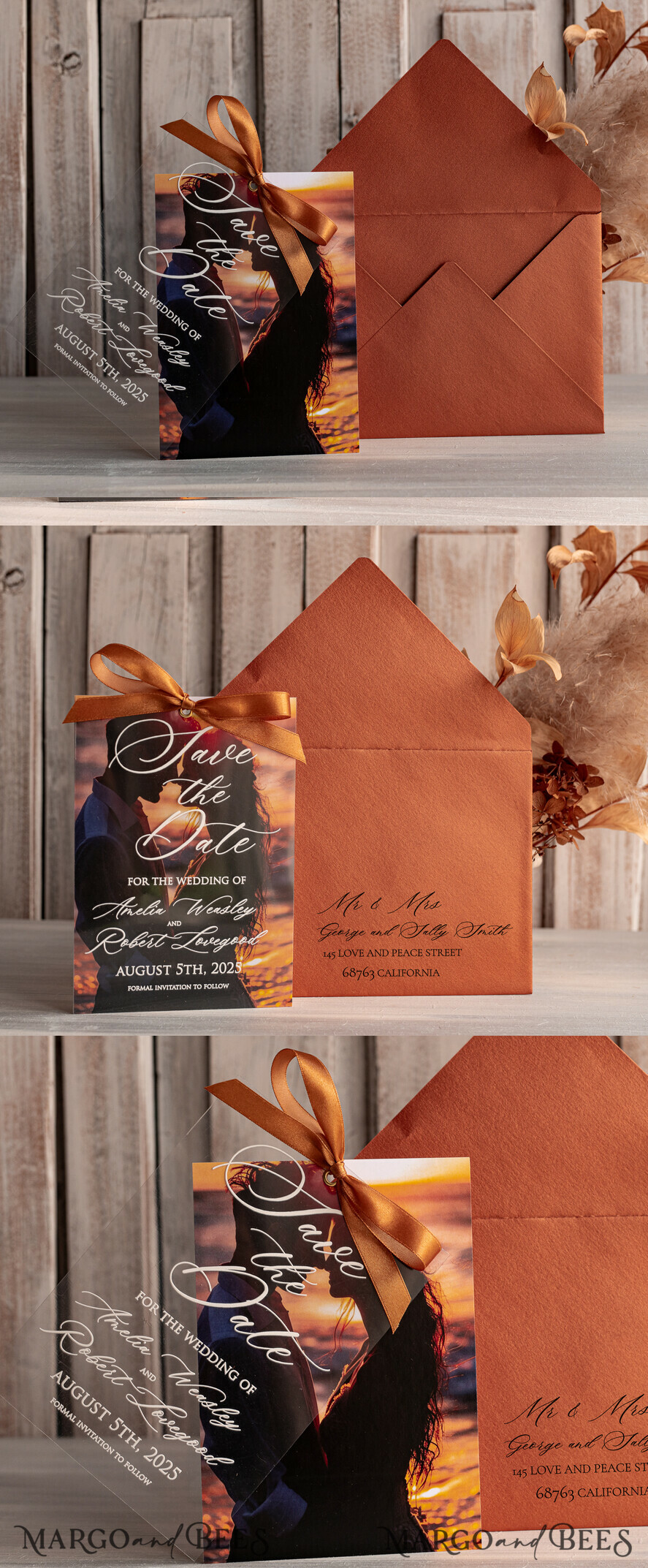 SAVE THE DATES photo vellum plexi  Callendar Clear Terracotta  Gold Save the Date Cards with Photo, Plexi Clear Save Our Dates with Photo 