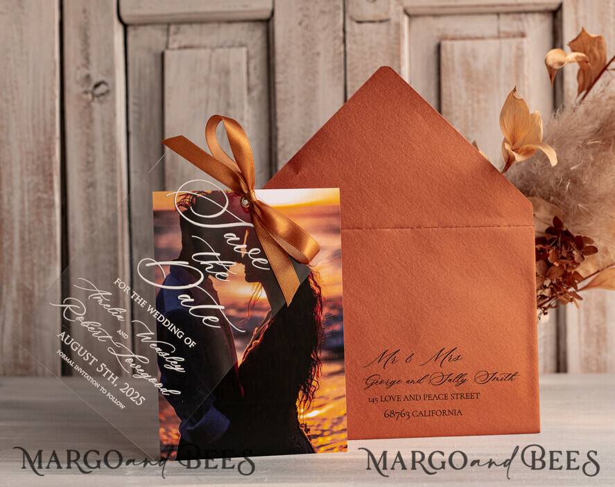 SAVE THE DATES photo vellum plexi  Callendar Clear Terracotta  Gold Save the Date Cards with Photo, Plexi Clear Save Our Dates with Photo 