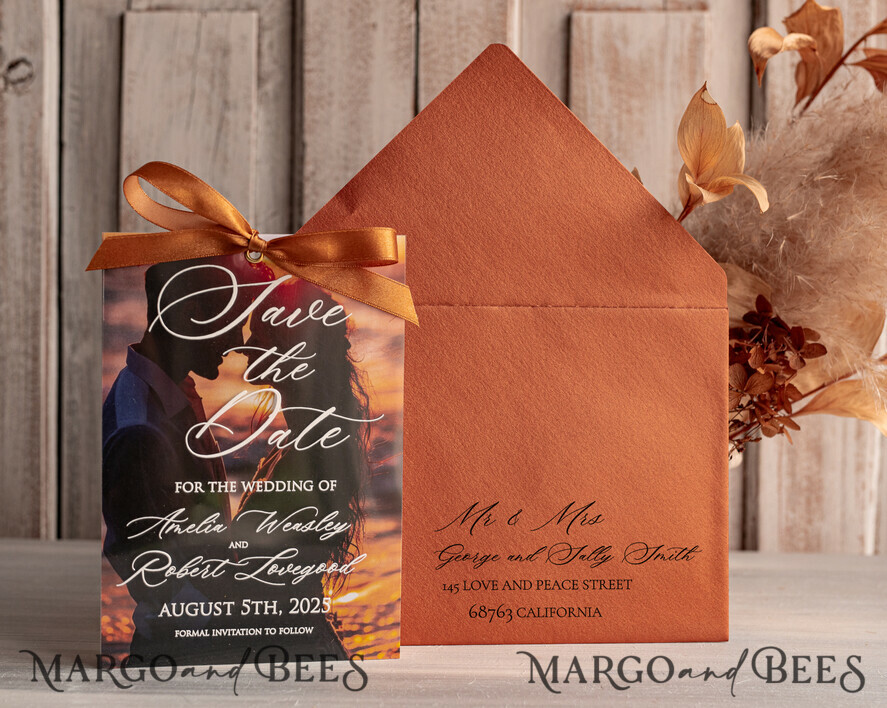 SAVE THE DATES photo vellum plexi  Callendar Clear Terracotta  Gold Save the Date Cards with Photo, Plexi Clear Save Our Dates with Photo 