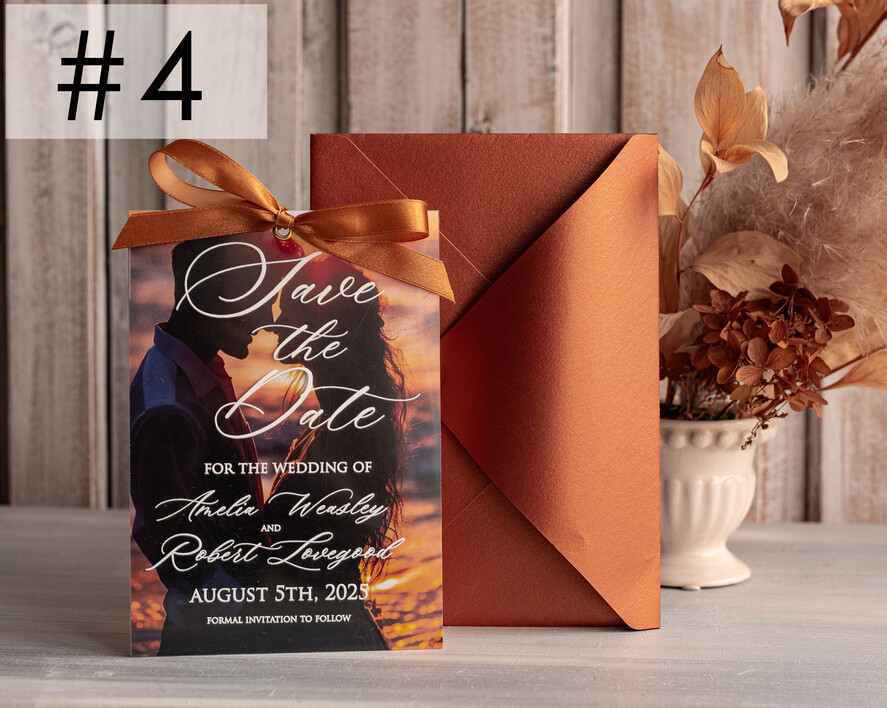 SAVE THE DATES photo vellum plexi  Callendar Clear Terracotta  Gold Save the Date Cards with Photo, Plexi Clear Save Our Dates with Photo 