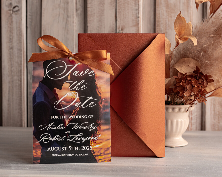 SAVE THE DATES photo vellum plexi  Callendar Clear Terracotta  Gold Save the Date Cards with Photo, Plexi Clear Save Our Dates with Photo 